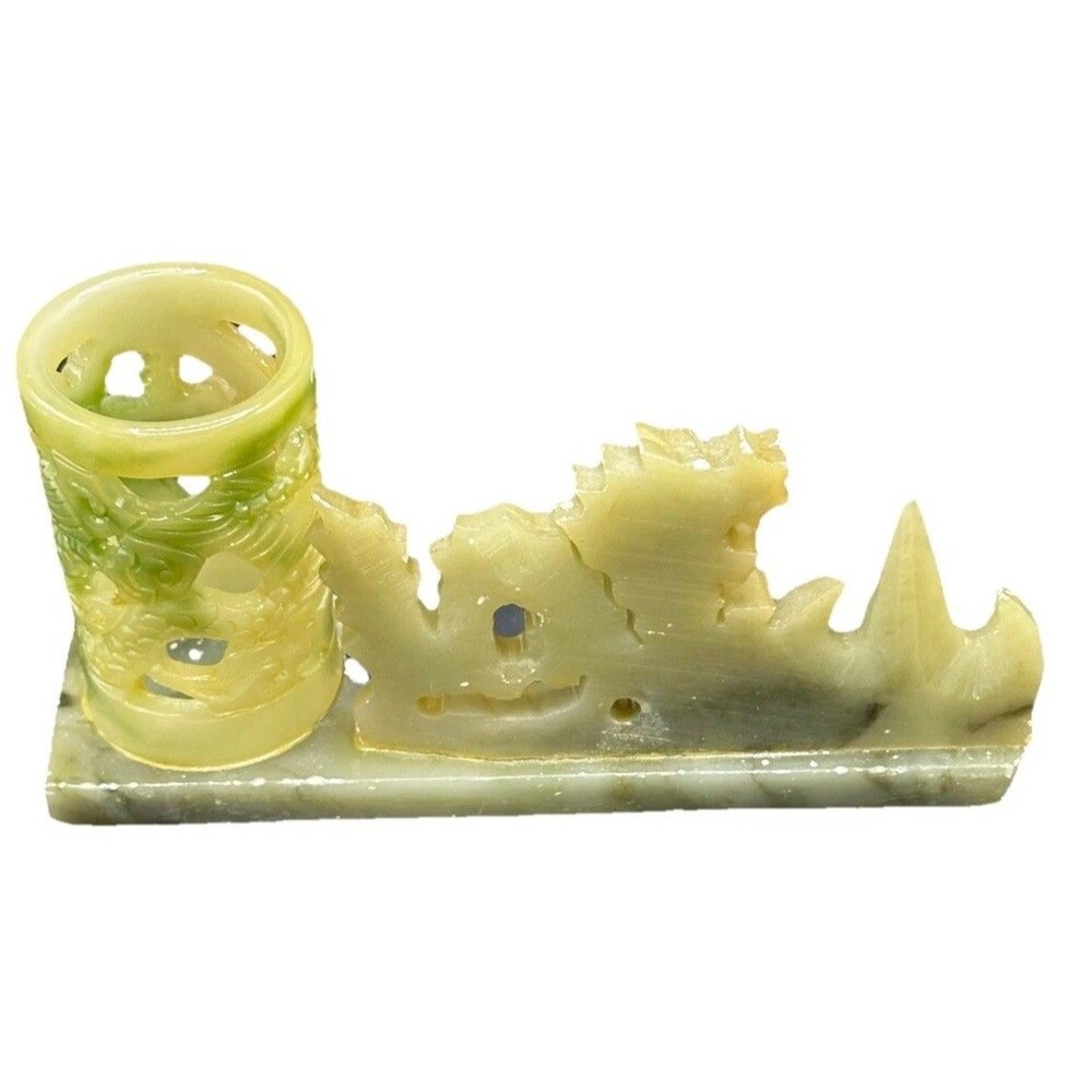 Vintage Carved Jade Candle/Pen Holder Asian Dragon Figurine Sculpture - Picture 2 of 8